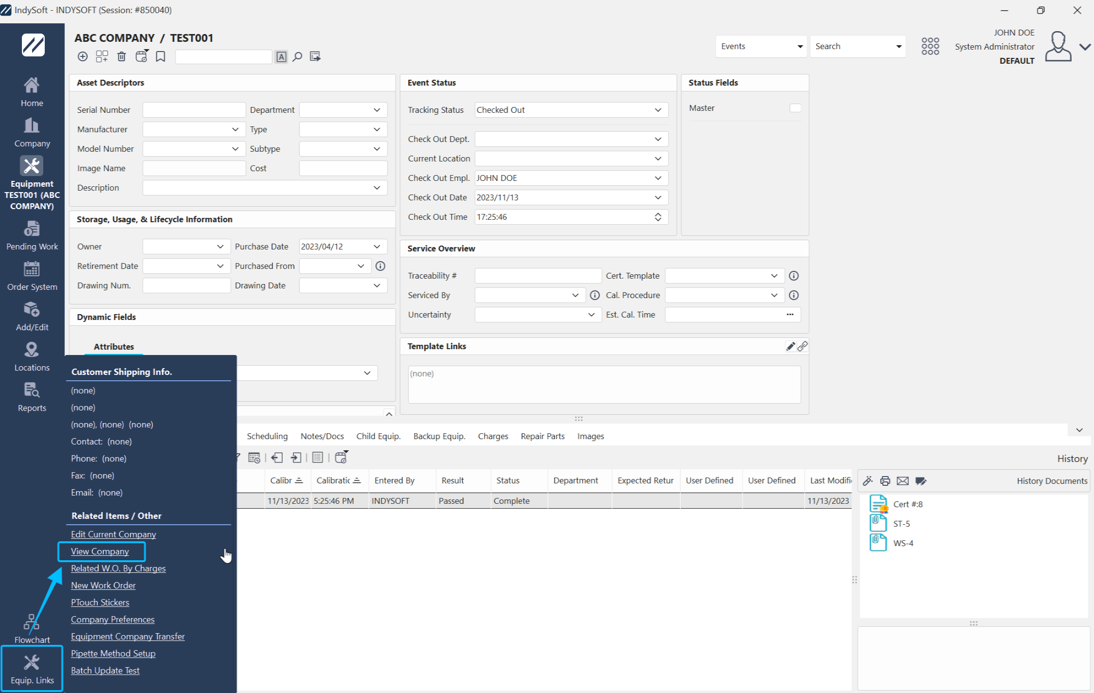 Left-Hand Panel in Equip. Links - View Company Hyperlink embedded in Equipment view