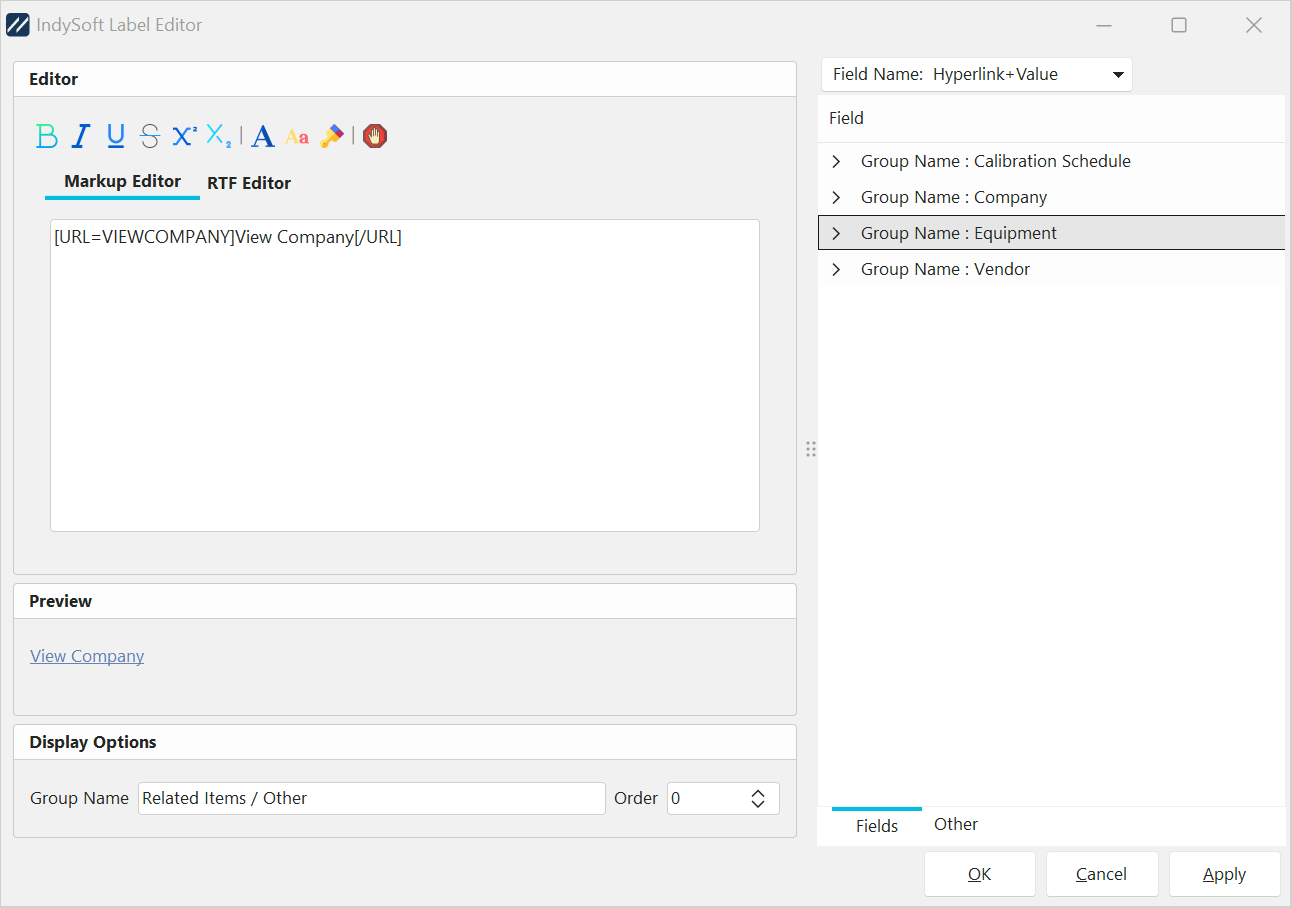 Label Editor - View Company Hyperlink