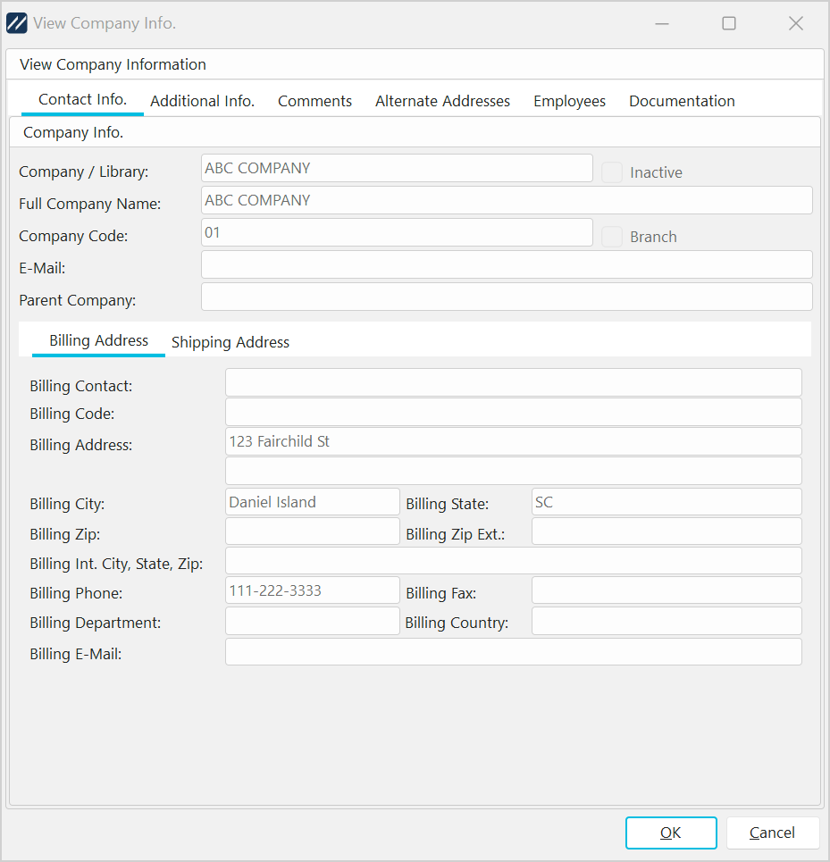 View Company Info. Dialog