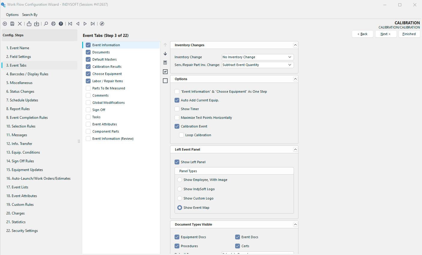 Configuration Wizard - Step 3 of 22 - Event Tabs