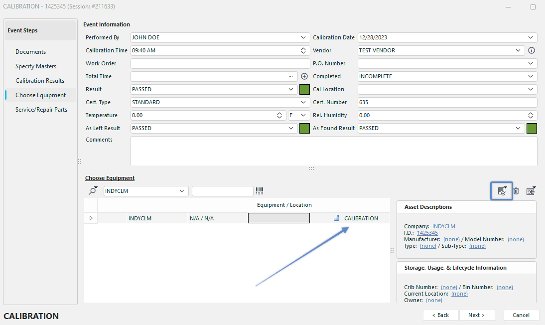 Performing an Event - Choose Equipment Field - Conditions