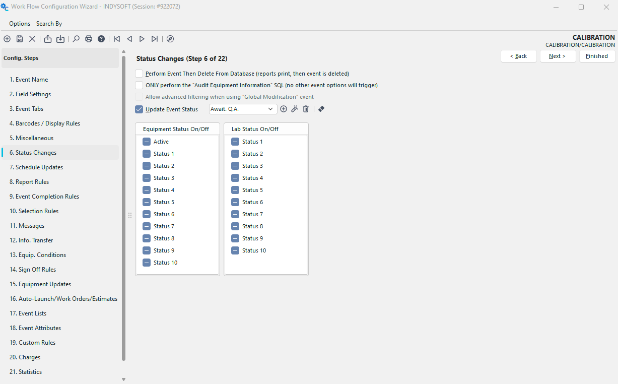 Configuration Wizard - Step 6 of 22 - Status Changes