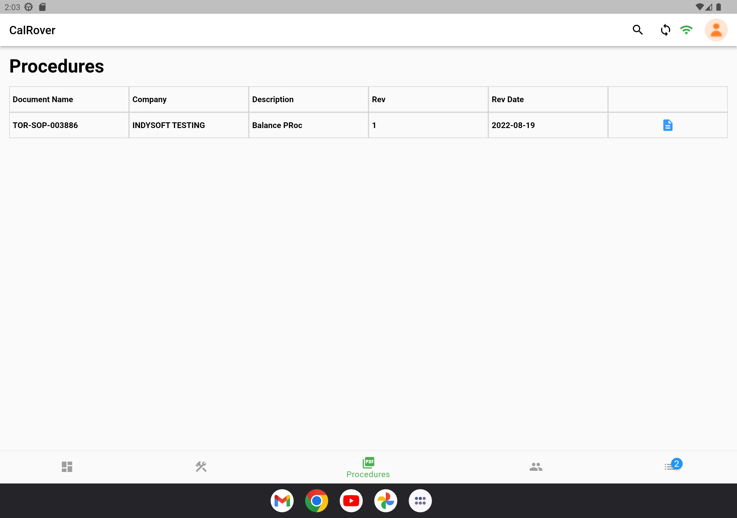 Procedures screen