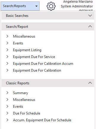 Search/Reports menu