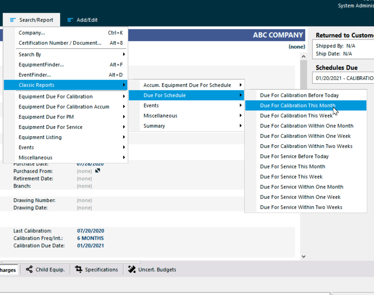 Search/Reports menu