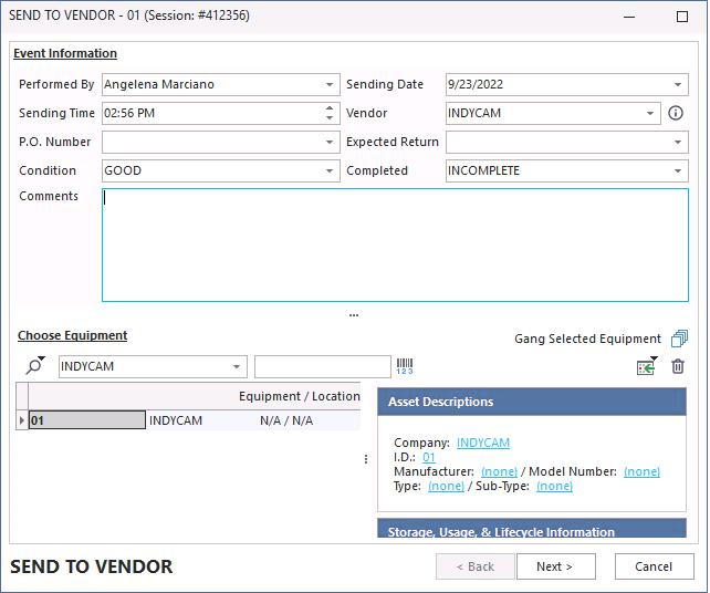 Send To Vendor — vendor and return date