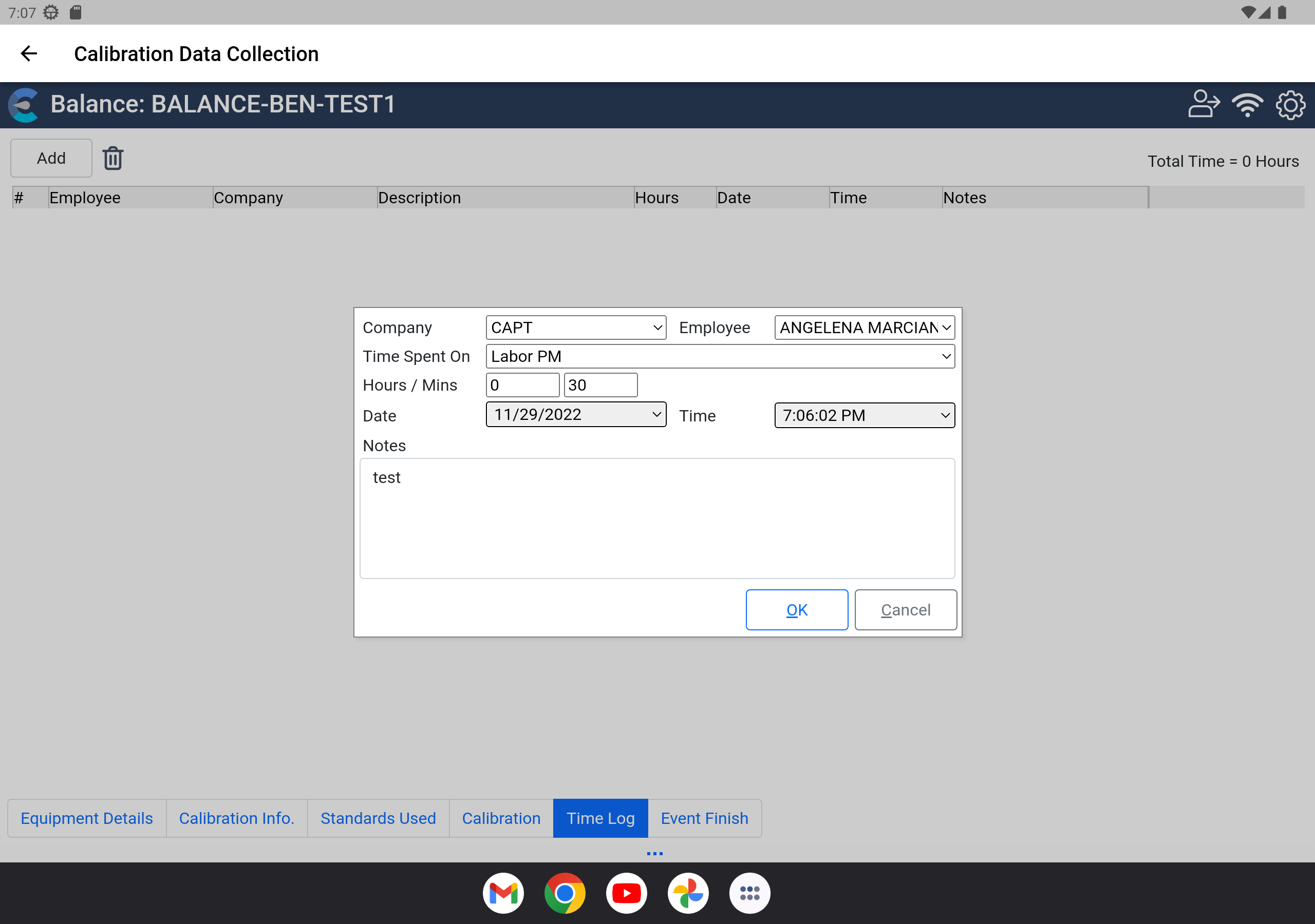 Add Time Log Entry dialog