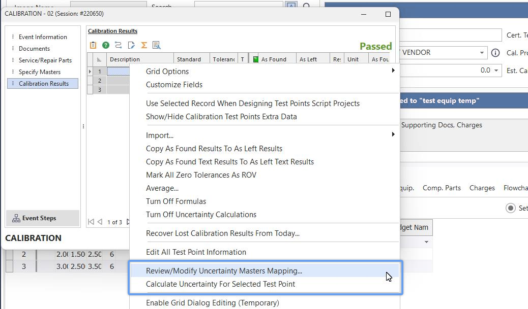 Right Mouse Click Options In Calibration Results Grid