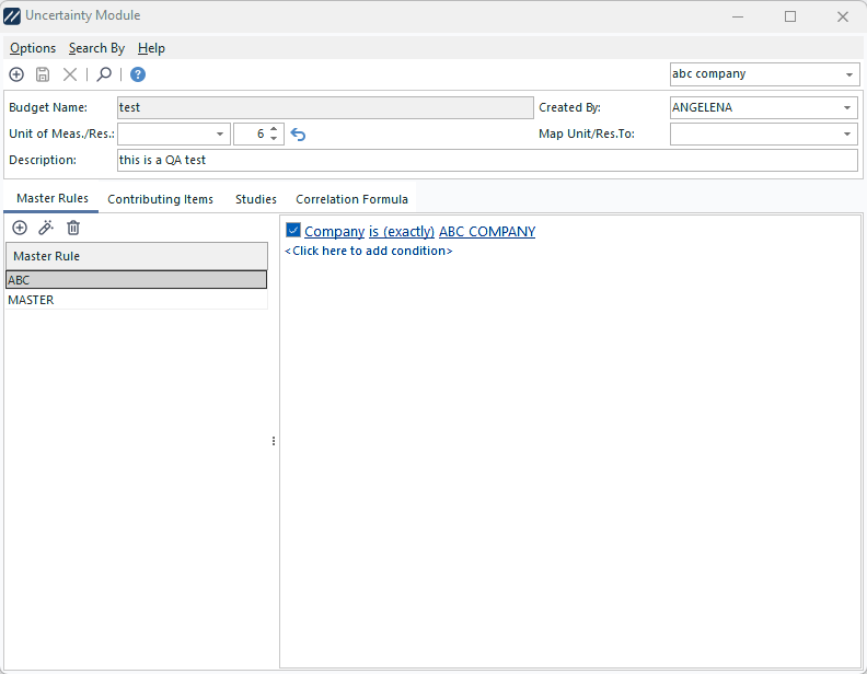 Uncertainty Module - Main Screen