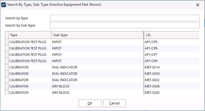 Type / Sub-Type search dialog