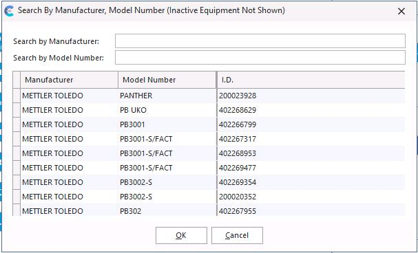 Manufacturer / Model # search dialog