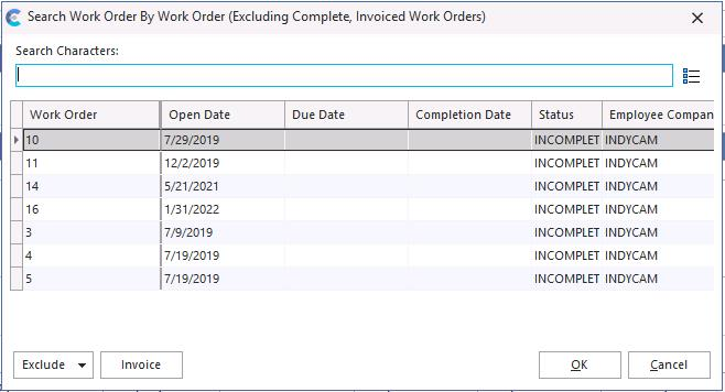 Work order search dialog