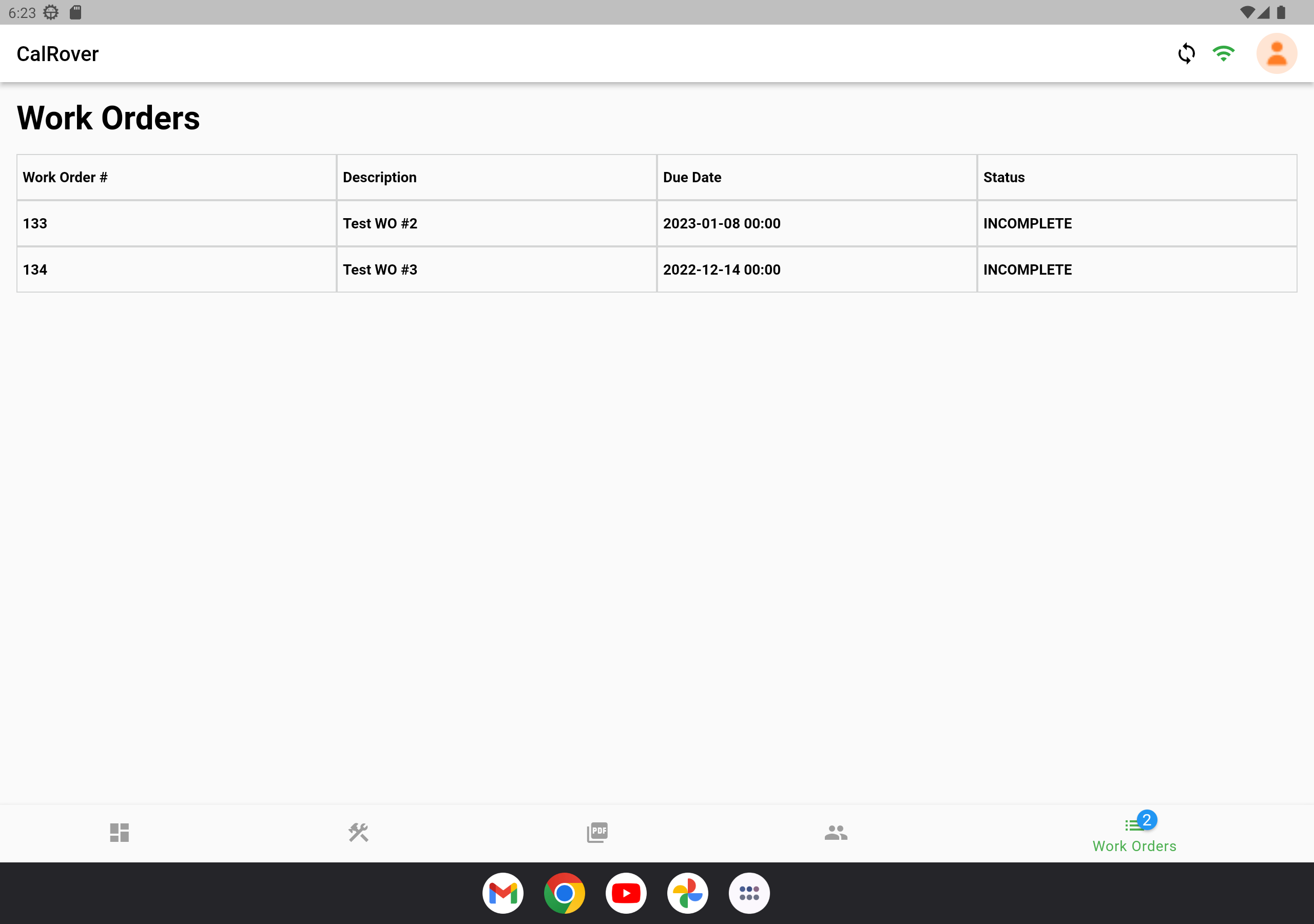Work Orders screen