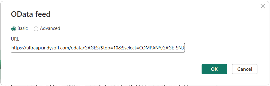 In the URL field, enter the OData endpoint with the api_key query parameter